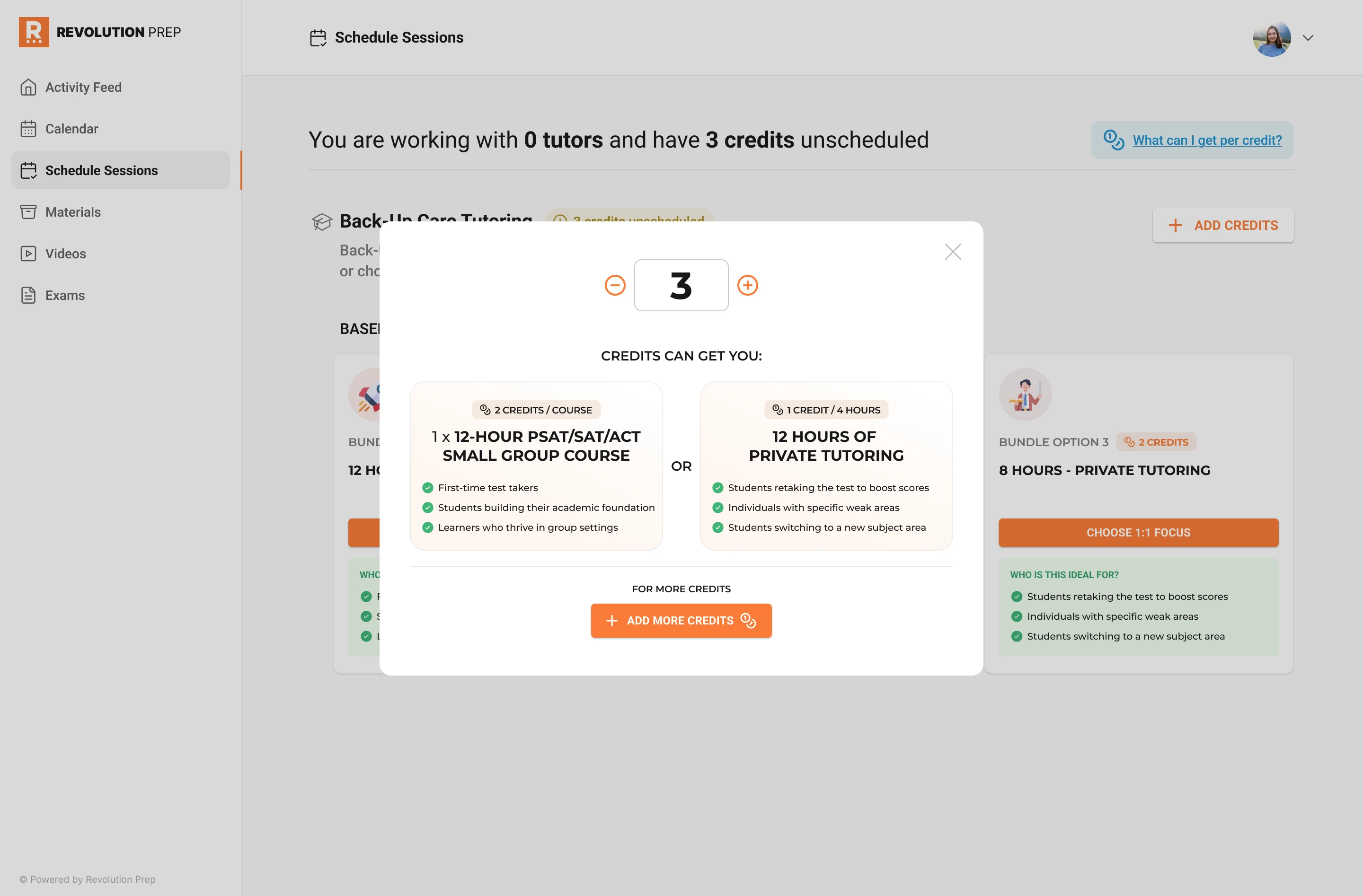 Credit Calculator showing what a family can redeem with their available
credits