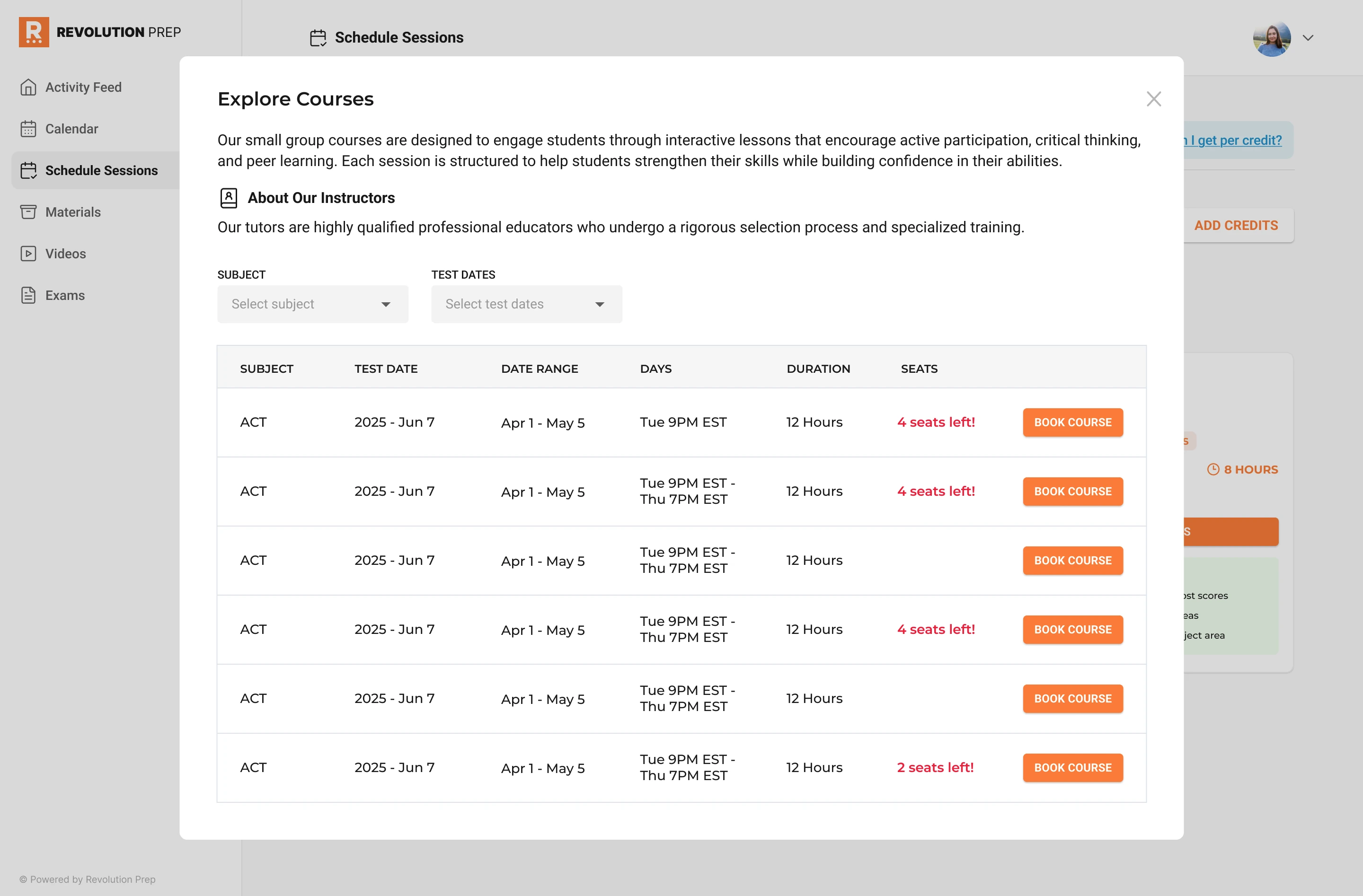 Small Group Course Explorer showing upcoming courses available for credit
redemption