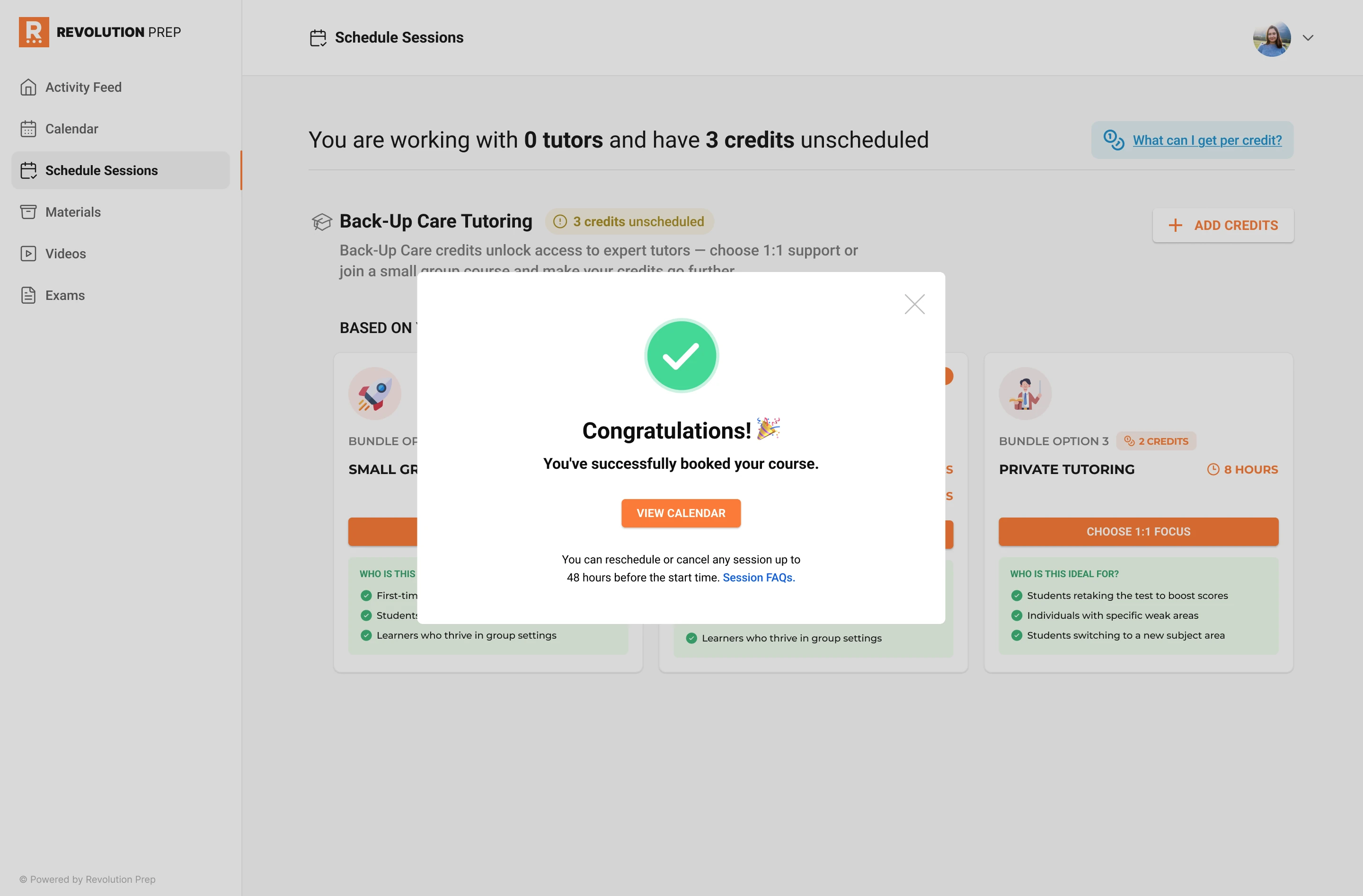 Small Group Course enrollment success page confirming the booking and
updated credit balance