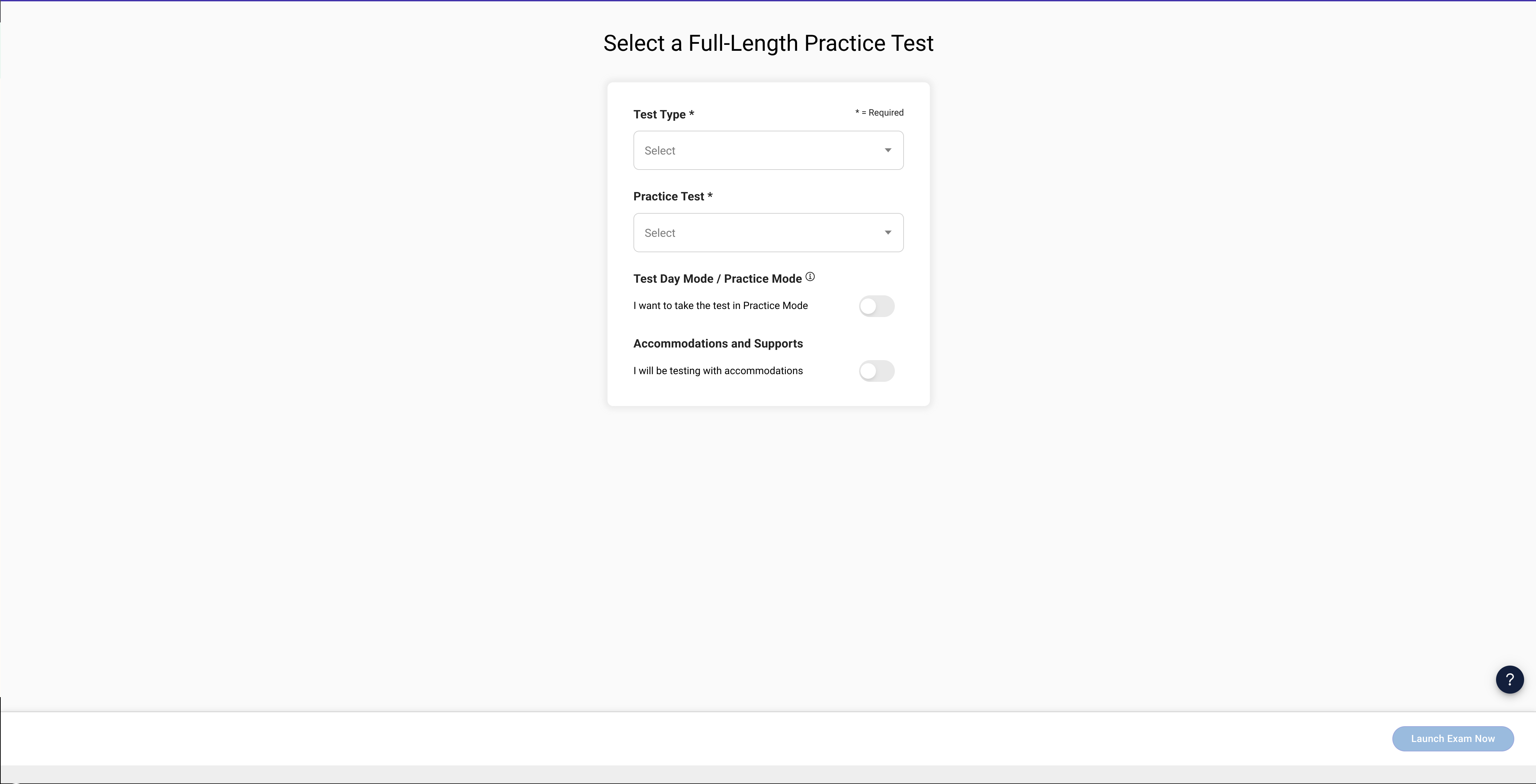 Exam configuration page in the Digital Exam Player