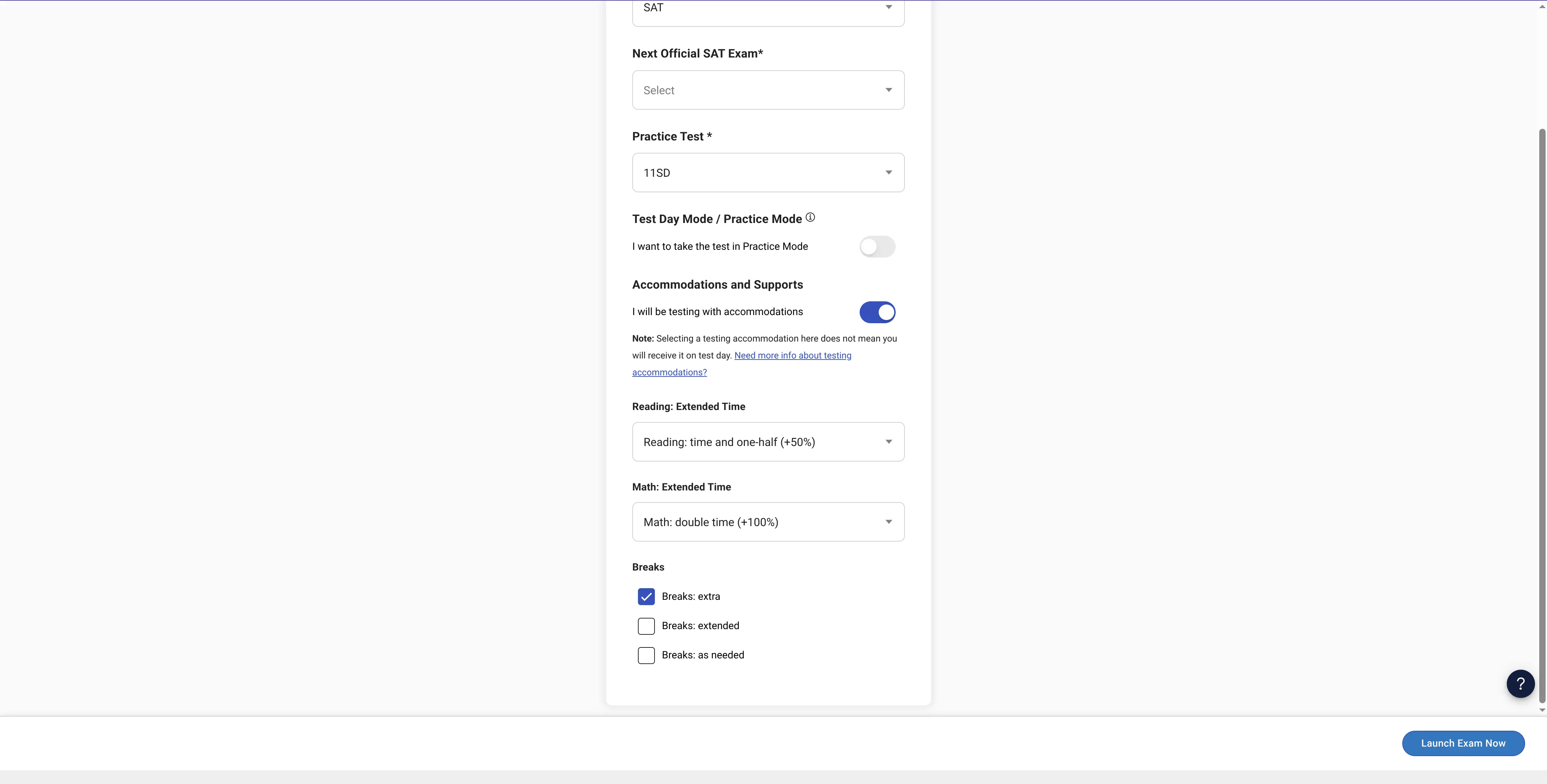 Accommodations settings in the Digital Exam Player
