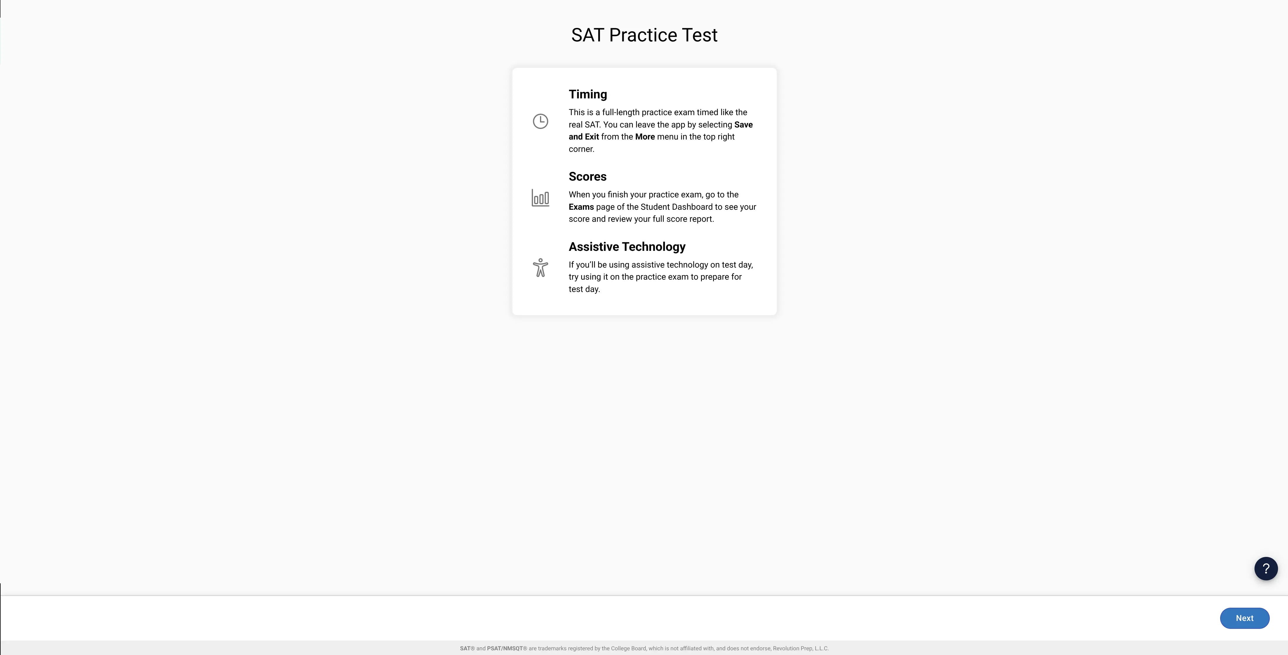 Exam instructions screen in the Digital Exam Player