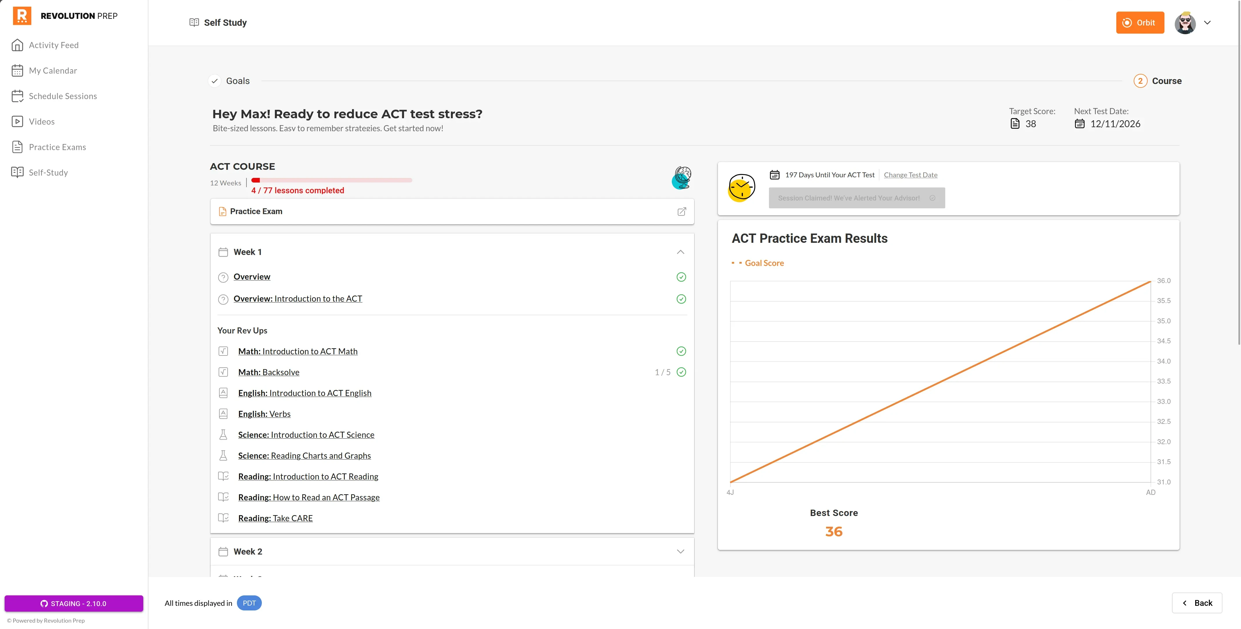 The Self-Study course page with countdown, lesson tree, and improvement
graph
